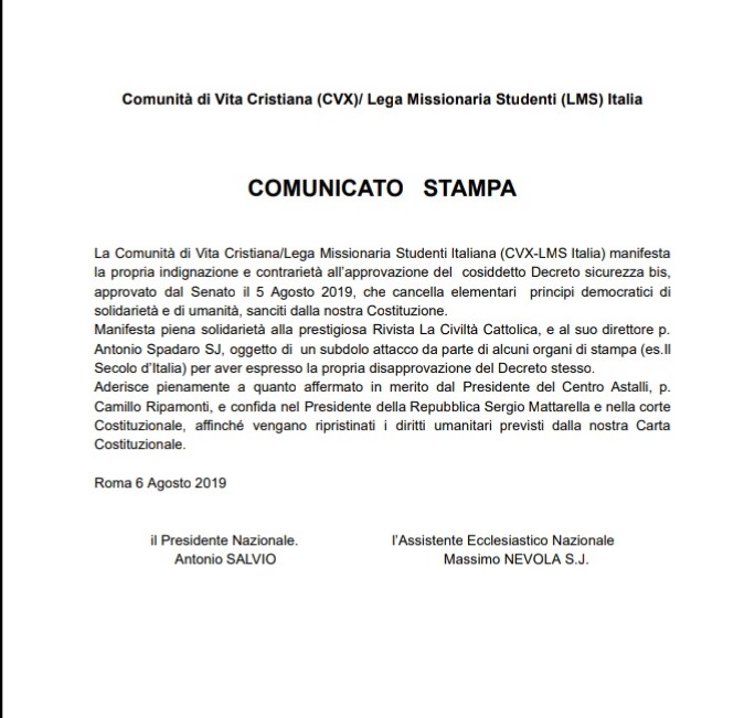 Comunicato stampa Cvx Sms Italia in riferimento a Decreto Sicurezza bis del 5 agosto 2019